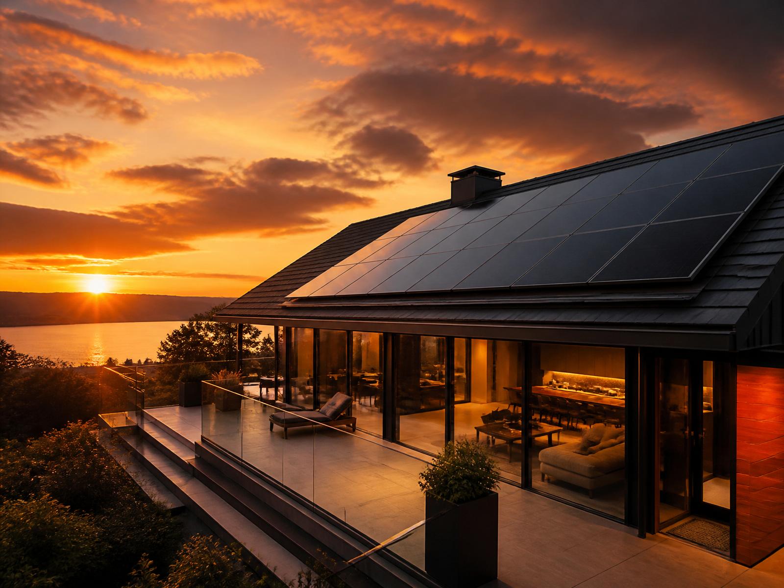 Modern home with solar panels at sunset